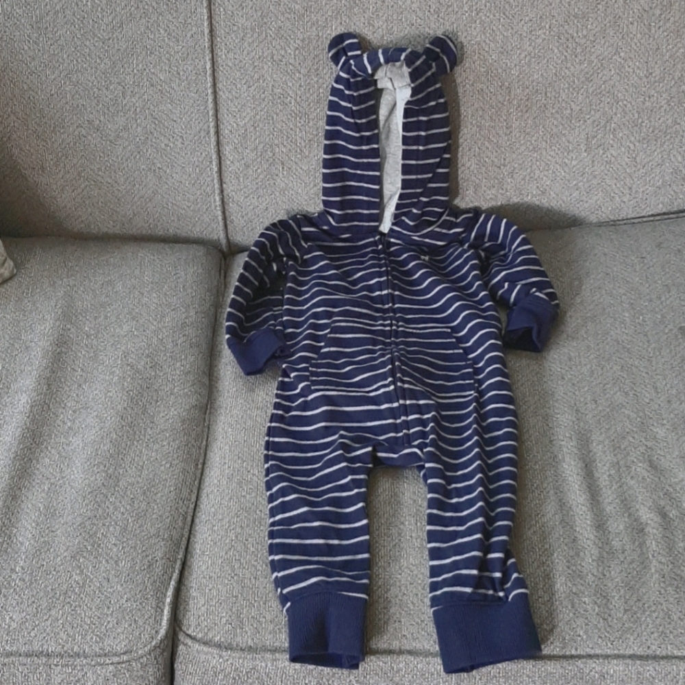 NWT Baby Boy Hooded Blue Stripes Pant Bodysuit 12m